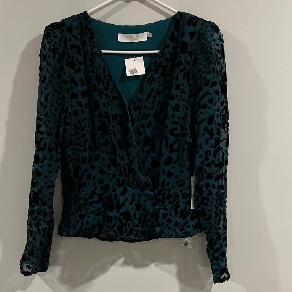 Astr Teal Burnout Leopard Wrap Top, Size M